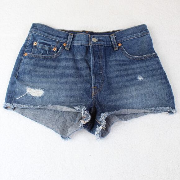 Levi's 501 Cut Off Denim Shorts Womens 29 Medium Wash Festival Micro Distressed - Picture 1 of 9